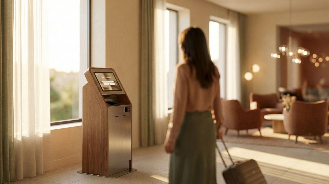 Gast mit Koffer in heller Hotellobby — der digitale Empfang in Betrieb.